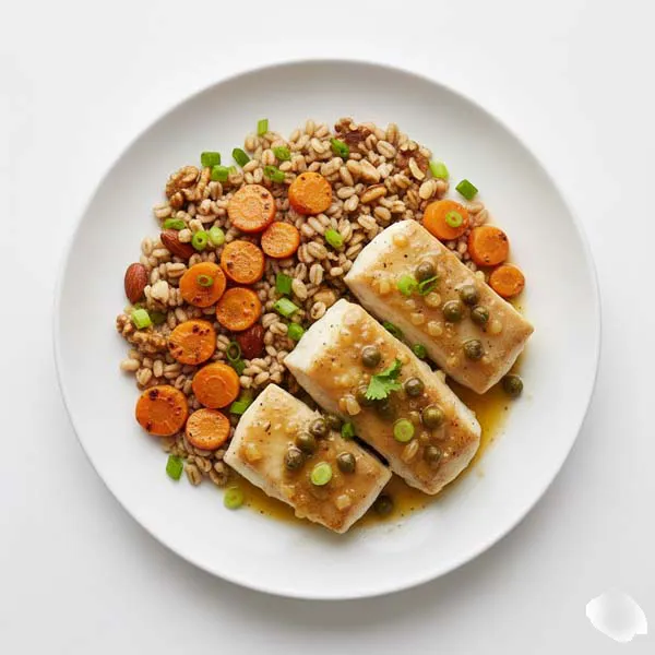 Lemon Caper Fish Piccata with Grilled Carrots and Nuts Barley mix